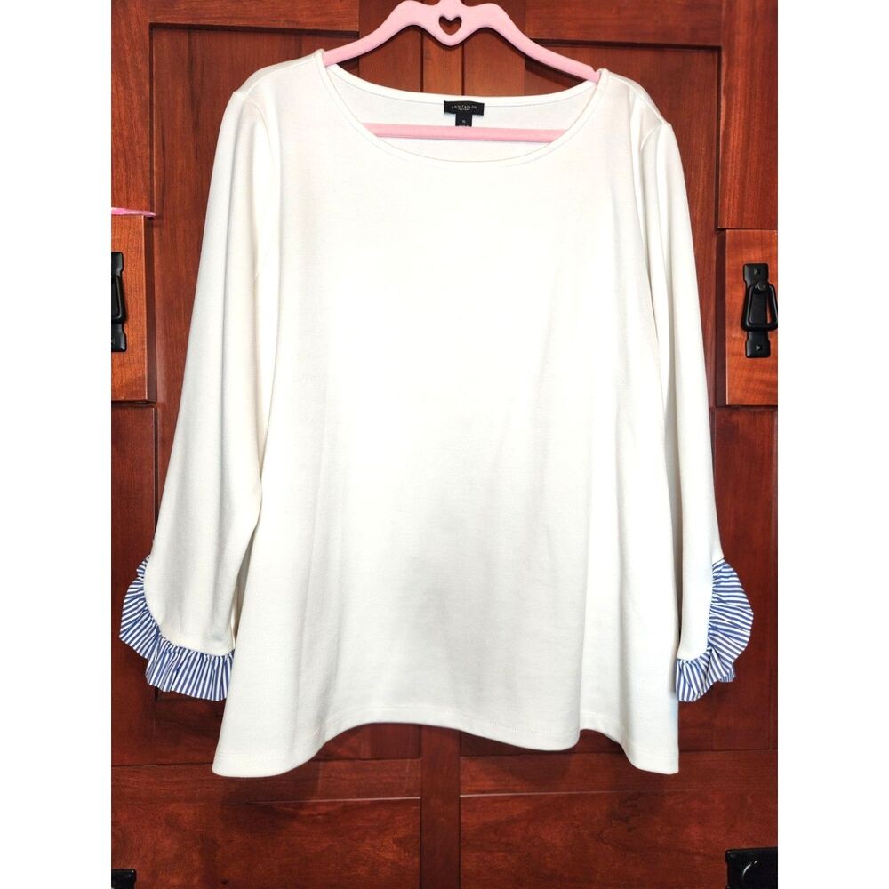 Ann Taylor Factory White Tunic w/ Blue Striped Ruffled Cuff Long Sleeves Size XL